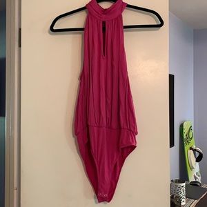 High neck open back bodysuit pink